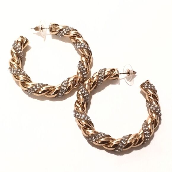 Gold Tone and Rhinestone Twisted Rope Hoop Earrings - Picture 4 of 6